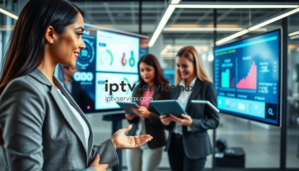 A sleek, modern office environment featuring a diverse group of three professionals discussing IPTV technology over a large digital display screen. In the foreground, a confident woman wearing smart business attire gestures towards the screen, which showcases streaming service diagrams and data analytics. The middle ground displays two engaged colleagues, a man and a woman, analyzing data on tablets, their expressions focused and collaborative. The background reveals a high-tech setting with LED lighting and vibrant colors, suggesting innovation. A logo for "iptvservicemax.com" subtly integrates into the scene as part of the digital display. The atmosphere is dynamic and professional, emphasizing teamwork and understanding of IPTV technology, with soft natural lighting enhancing the mood.