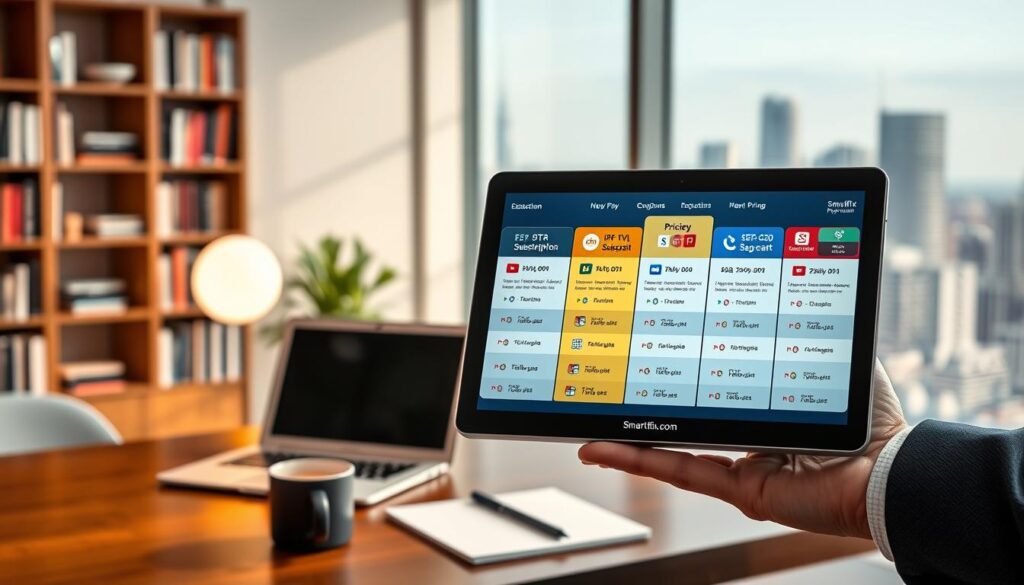 A sleek, modern overview of Smartiflix IPTV pricing plans displayed on a high-tech tablet device held by a professional individual in business attire. The foreground showcases vibrant graphics illustrating various subscription options, each plan carefully detailed with distinct icons and enticing colors. In the middle, an elegant desk setup includes a laptop, a notepad, and a coffee cup, emphasizing a workspace atmosphere. The background features soft focus elements like a bookshelf filled with tech books and a city skyline visible through a large window, suggesting a sophisticated environment. The lighting is bright and inviting, enhancing the professionalism of the scene. The brand name "iptvservicemax.com" is subtly included in the design of the tablet screen, with no text or watermarks visibly present.