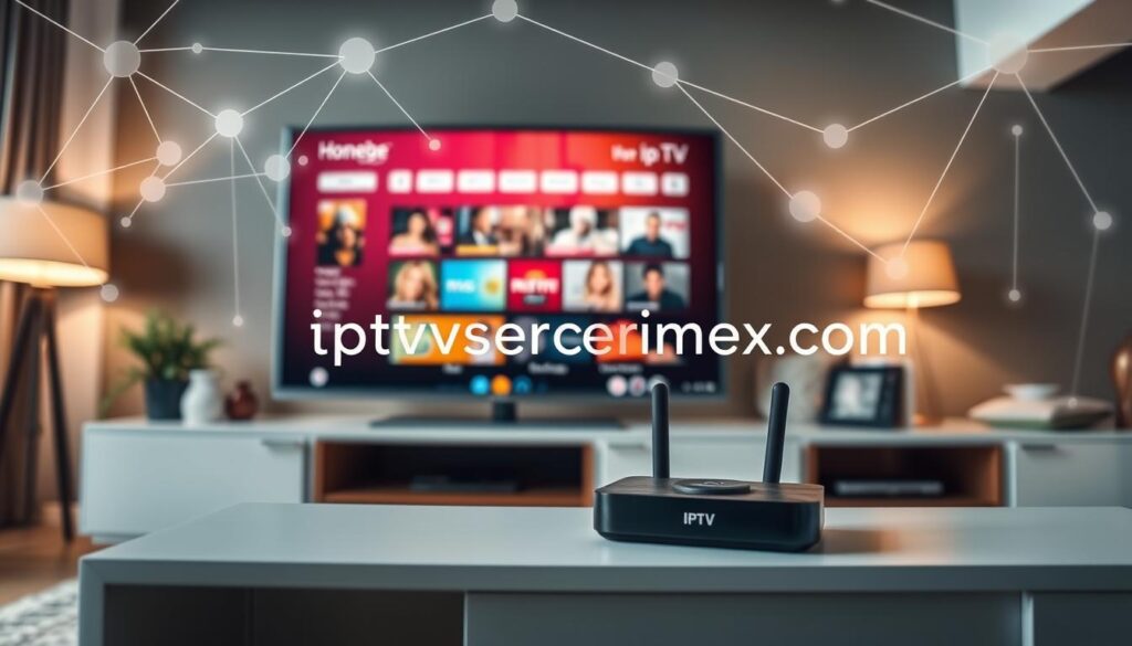 A sleek, modern representation of Honeybee IPTV technology. In the foreground, a stylish smart TV with a vibrant screen displaying the Honeybee IPTV interface, featuring user-friendly navigation and vivid content thumbnails. The middle layer includes a wireless streaming device with sleek design, gracefully placed on a contemporary entertainment center. The background showcases a cozy living room setting with ambient lighting, emphasizing a relaxed viewing atmosphere. A digital network schematic subtly overlays the scene, symbolizing data flow and connectivity, suggesting high-quality streaming. Soft focus effects contrast with the sharpness of the main subjects, captured from a low angle to create depth. The overall mood is inviting and tech-savvy, inspiring viewers to explore modern streaming solutions. Include the brand name "iptvservicemax.com" subtly as part of the TV interface design. A sleek, modern representation of Honeybee IPTV technology. In the foreground, a stylish smart TV with a vibrant screen displaying the Honeybee IPTV interface, featuring user-friendly navigation and vivid content thumbnails. The middle layer includes a wireless streaming device with sleek design, gracefully placed on a contemporary entertainment center. The background showcases a cozy living room setting with ambient lighting, emphasizing a relaxed viewing atmosphere. A digital network schematic subtly overlays the scene, symbolizing data flow and connectivity, suggesting high-quality streaming. Soft focus effects contrast with the sharpness of the main subjects, captured from a low angle to create depth. The overall mood is inviting and tech-savvy, inspiring viewers to explore modern streaming solutions. Include the brand name "iptvservicemax.com" subtly as part of the TV interface design.