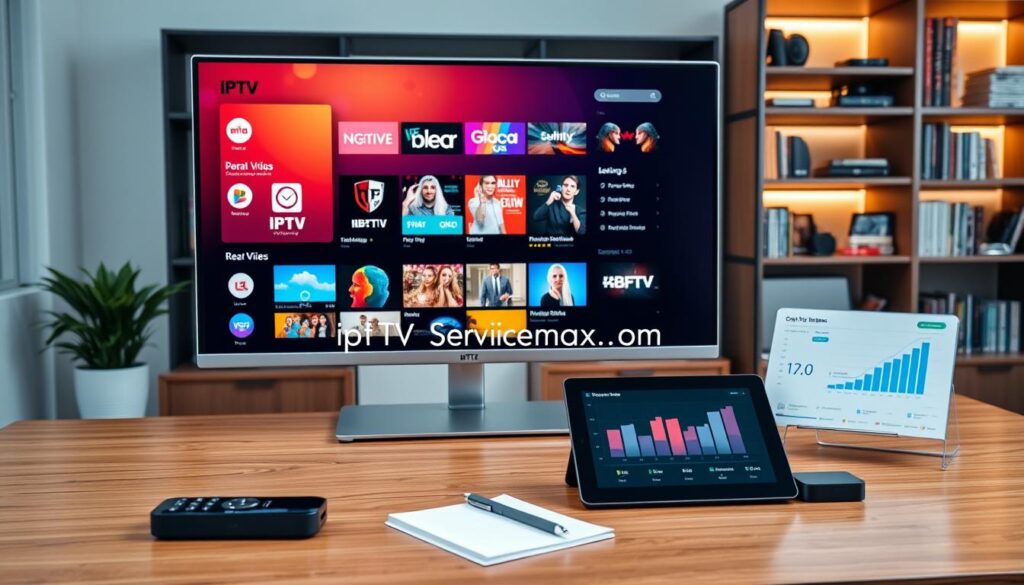 A sleek, modern workspace featuring a high-resolution monitor displaying a vibrant interface of various IPTV apps, showcasing user-friendly icons and colorful content thumbnails. In the foreground, a laptop rests on a polished wooden desk, surrounded by streaming devices like a smart TV remote and a small streaming box. The middle ground includes subtle details such as a notepad with notes and a professional-looking tablet displaying graphs and ratings of IPTV services. The background features a stylish bookshelf with tech-related books and ambient lighting illuminating the space, creating a cozy yet sophisticated atmosphere. The image should convey a sense of professionalism and innovation, highlighting the theme of top IPTV app picks. Include the brand "iptvservicemax.com" subtly integrated into the screen interface. A sleek, modern workspace featuring a high-resolution monitor displaying a vibrant interface of various IPTV apps, showcasing user-friendly icons and colorful content thumbnails. In the foreground, a laptop rests on a polished wooden desk, surrounded by streaming devices like a smart TV remote and a small streaming box. The middle ground includes subtle details such as a notepad with notes and a professional-looking tablet displaying graphs and ratings of IPTV services. The background features a stylish bookshelf with tech-related books and ambient lighting illuminating the space, creating a cozy yet sophisticated atmosphere. The image should convey a sense of professionalism and innovation, highlighting the theme of top IPTV app picks. Include the brand "iptvservicemax.com" subtly integrated into the screen interface.
