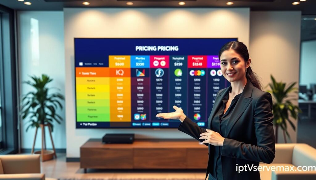 A sleek, modern workspace with a large, high-resolution screen displaying an overview of IPTV pricing plans. In the foreground, a well-dressed professional, a woman in smart business attire, gestures towards a colorful chart showcasing different subscription tiers, each representing various features and prices. In the middle, distinct icons representing entertainment options such as sports, movies, and kids' programming are spread across the screen, enhancing the visual appeal. The background features a stylish office environment with soft, ambient lighting, creating a focused and informative atmosphere. The image includes a subtle watermark of "iptvservicemax.com" in the corner, maintaining professionalism without overwhelming the scene. The overall mood is engaging and informative, inspiring confidence in IPTV service choices.