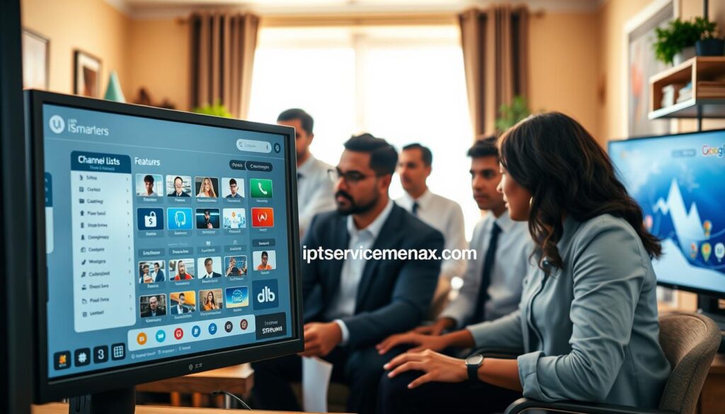 A sleek overview of IPTV Smarters Pro features on a modern PC interface. In the foreground, display a high-resolution PC screen featuring an intuitive IPTV Smarters Pro interface, showcasing key features like channel lists, electronic program guide (EPG), and user-friendly navigation. The middle ground features a diverse group of focused users in professional attire, engaged with their screens, capturing the essence of efficient streaming. The background is a cozy, well-lit home office environment with warm lighting, creating a productive atmosphere. Use a wide-angle lens effect to emphasize the screen details while maintaining a clear focus on the users. Ensure the image reflects a sense of empowerment and ease of use. Include branding subtly with "iptvservicemax.com" integrated into the screen interface design.