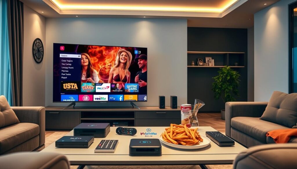 A sophisticated home entertainment setup showcasing IPTV USA streaming solutions. In the foreground, a sleek modern television displays an engaging streaming interface, featuring vibrant thumbnails of available content, with the logo of iptvservicemax.com subtly integrated. The middle ground includes a stylish coffee table adorned with streaming devices, remote controls, and snacks, creating a cozy atmosphere. In the background, soft ambient lighting complements the warm tones of the contemporary living room, with comfortable seating arranged purposefully around the TV. The scene conveys a relaxed yet upscale mood, perfect for movie and sports nights, viewed from a slightly elevated angle to highlight the overall environment.
