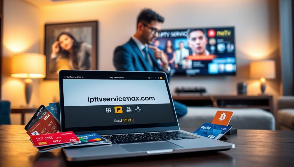 A stylish and modern workspace showcasing various payment methods for Gold IPTV services. In the foreground, a sleek laptop displaying the website "iptvservicemax.com", surrounded by vibrant credit cards and digital payment icons, such as PayPal and cryptocurrency symbols. In the middle ground, a professional individual in smart casual attire is shown thoughtfully reviewing payment options on the screen. The background features a blurred image of a cozy living room with a large TV displaying streaming content, softly lit by warm, ambient lighting. The atmosphere is inviting and secure, conveying trust and a seamless transaction experience. Use a shallow depth of field to emphasize the laptop and payment options while gently softening the background.