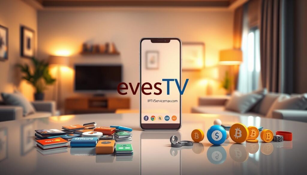 A stylish digital illustration showcasing the various payment options for evesTV IPTV, centered around a sleek and modern interface. In the foreground, display an array of colorful payment icons depicting credit cards, digital wallets, and cryptocurrency symbols, artistically arranged on a polished surface. In the middle layer, a translucent smartphone showcases the evesTV IPTV app, emphasizing user-friendly navigation and accessibility to payment features. The background features a softly blurred living room setting, illuminated with warm, inviting lighting to evoke a cozy streaming experience. Use a wide-angle lens effect to enhance depth, emphasizing the convenience and modernity of payment options, all while maintaining a professional atmosphere. Incorporate the brand name "iptvservicemax.com" subtly within the design.