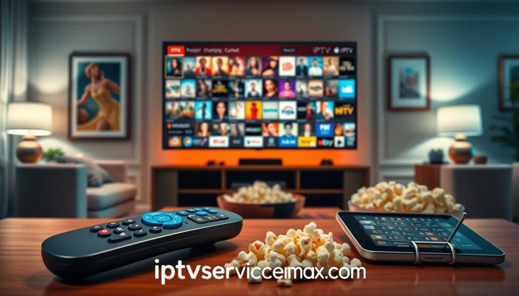 A vibrant and engaging digital illustration showcasing the concept of premium content via Honey Bee IPTV. In the foreground, a sleek, modern remote control with illuminated buttons rests on a stylish coffee table, surrounded by a bowl of popcorn and a tablet displaying colorful streaming icons. The middle layer features a flat-screen TV displaying a rich, dynamic interface filled with popular movie and TV show thumbnails, radiating excitement. In the background, a cozy living room setting with soft lighting creates a warm and inviting atmosphere, accentuated by elegant decor. The image conveys a sense of discovery and enjoyment, inviting viewers to explore the premium offerings of Honey Bee IPTV. The brand name "iptvservicemax.com" subtly integrated into the scene, enhancing the professional feel of the image.