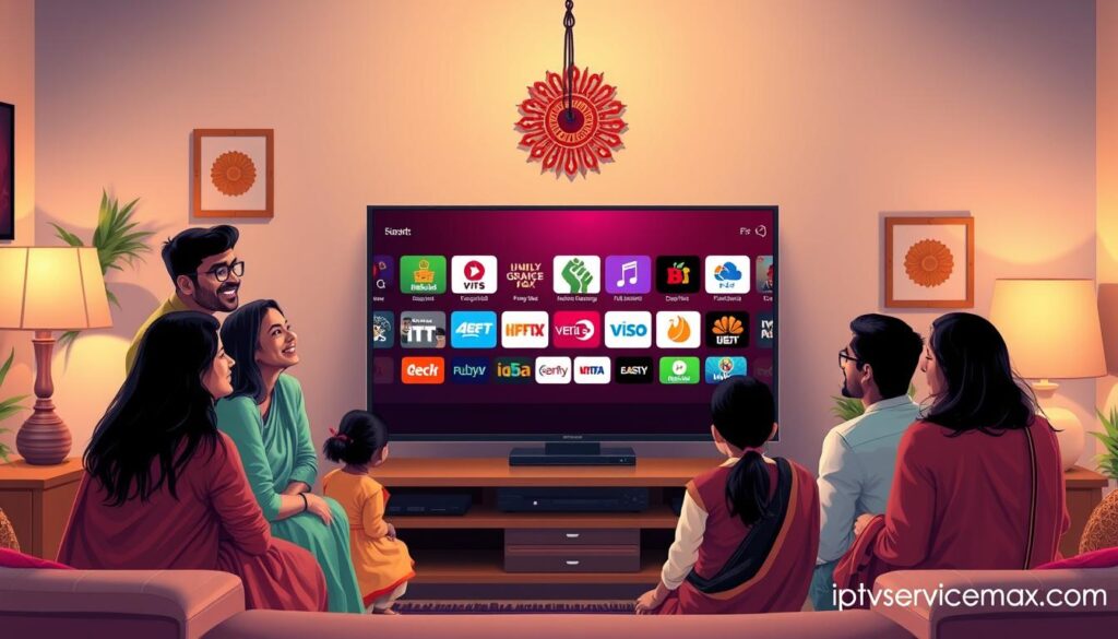 A vibrant and engaging illustration showcasing the benefits of Boss IPTV for Indian communities in the US. In the foreground, a diverse group of Indian families, dressed in modest casual clothing, is gathered around a modern television, smiling as they enjoy their favorite shows together. The middle ground features a colorful display of various streaming icons and popular Indian TV channels, symbolizing entertainment options available through Boss IPTV. In the background, an inviting living room is adorned with traditional Indian decor, enhancing the cultural connection. Soft, warm lighting creates a cozy atmosphere, while the camera angle captures the scene from a slightly elevated perspective. Include a subtle tech element by incorporating a logo for "iptvservicemax.com" elegantly in one corner.
