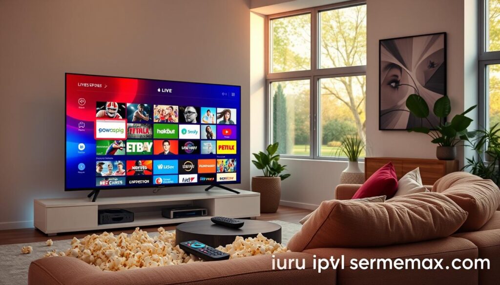 A vibrant and engaging scene featuring a modern living room designed for optimal streaming comfort. In the foreground, a sleek smart TV displays colorful thumbnails of diverse live channels and on-demand content, showcasing genres like sports, movies, and documentaries. A cozy sofa, adorned with plush cushions, occupies the middle ground, suggesting a welcoming space for family and friends. Scattered popcorn and a glowing remote control add a casual touch. In the background, large windows let in warm natural light, creating a relaxed atmosphere. The room is tastefully decorated with contemporary art and plants, enhancing the vibrant mood. The overall ambiance exudes excitement for entertainment, reflecting the comprehensive content variety offered by guru iptv and emphasizing a lifestyle centered around streaming. The brand name "iptvservicemax.com" subtly integrated into the decor, ensuring it remains unobtrusive.