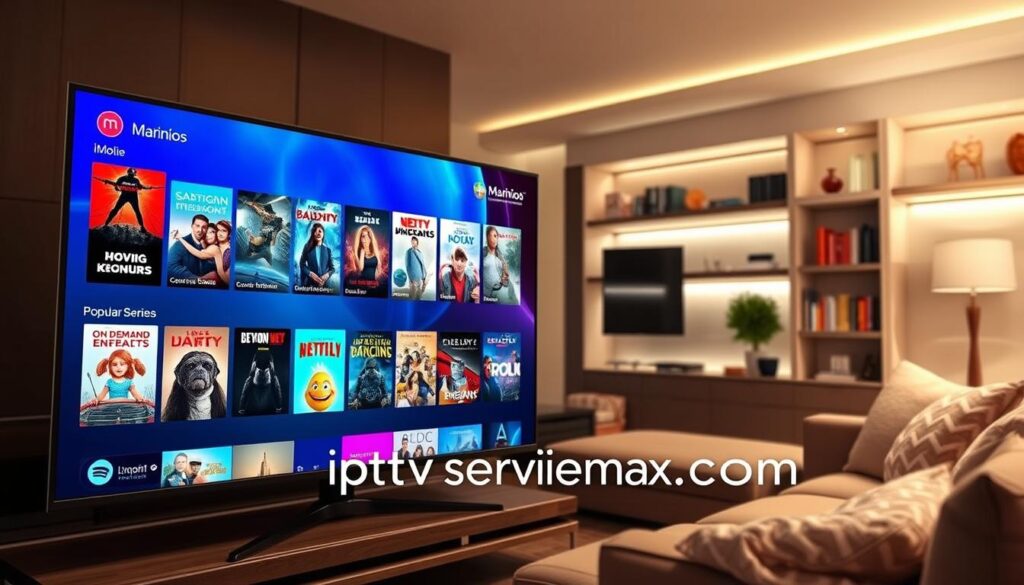 A vibrant and inviting digital content library showcasing the Marinios IPTV interface. In the foreground, a sleek, modern TV screen displays a dynamic selection of movies, popular series, and on-demand entertainment, with striking album covers and vivid thumbnails. The middle layer features a stylish living room setting, complete with plush furniture and soft, ambient lighting that creates a warm atmosphere. The background hints at a contemporary design with subtle shelves filled with media items, enhancing the idea of a premium content library. The overall mood is cozy and appealing, suggesting a satisfying streaming experience. The image is well-lit, emphasizing the clarity of the content displayed. Include the brand name "iptvservicemax.com" subtly in the design, ensuring no text overlays or watermarks distract from the main focus. A vibrant and inviting digital content library showcasing the Marinios IPTV interface. In the foreground, a sleek, modern TV screen displays a dynamic selection of movies, popular series, and on-demand entertainment, with striking album covers and vivid thumbnails. The middle layer features a stylish living room setting, complete with plush furniture and soft, ambient lighting that creates a warm atmosphere. The background hints at a contemporary design with subtle shelves filled with media items, enhancing the idea of a premium content library. The overall mood is cozy and appealing, suggesting a satisfying streaming experience. The image is well-lit, emphasizing the clarity of the content displayed. Include the brand name "iptvservicemax.com" subtly in the design, ensuring no text overlays or watermarks distract from the main focus.