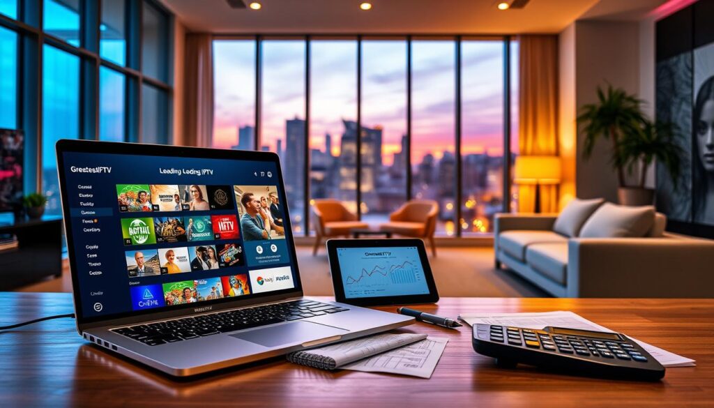 A vibrant and modern digital workspace showcasing "GreatestIPTV" as the leading IPTV service. In the foreground, a sleek laptop displays the GreatestIPTV interface with vivid high-definition streaming content. Beside it, an analytical tablet shows IPTV performance metrics, surrounded by professional business materials, like notes and a calculator, to signify careful evaluation. In the middle, a light-filled room features contemporary furniture, inviting a sense of innovation and focus. The background displays a large window with a city skyline at twilight, illuminated by soft orange and purple hues, casting warm light into the scene. The overall mood is one of professionalism and excitement about technology, representing "iptvservicemax.com" as a trusted brand in IPTV services.