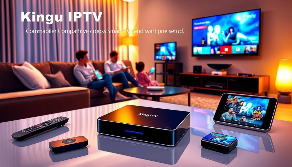 A vibrant and modern illustration showcasing the versatility of the King IPTV device compatibility across various devices like smart TVs, tablets, and smartphones. In the foreground, depict the King IPTV device elegantly placed on a sleek living room table, surrounded by a remote and a streaming device. The middle ground features a cozy living room setting with a family comfortably using different devices to stream content, all demonstrating seamless connectivity. In the background, a stylish wall-mounted TV displays vivid streaming graphics. Use soft, warm lighting to create an inviting atmosphere, with a slightly angled perspective that highlights the devices' features. Emphasize a sense of ease and accessibility, reflecting the theme of compatibility and easy setup. Include the logo “iptvservicemax.com” subtly in the design without distractions.