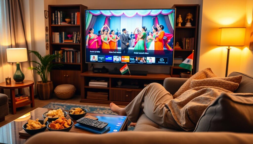 A vibrant, cozy living room setting with a person, wearing modest casual clothing, sitting comfortably on a sofa, enjoying streaming Indian channels on a large television. The foreground features a sleek remote control and an array of snacks on a coffee table. In the middle, the screen displays colorful Indian cultural programming, showcasing traditional music and dance. The background includes bookshelves filled with Indian literature and decorative elements like a small Indian flag and ethnic artifacts, emphasizing the connection to roots. Warm, ambient lighting creates an inviting atmosphere, highlighting the joy and relaxation of staying connected to one’s heritage. A subtle hint of the brand "iptvservicemax.com" can be integrated into the room's decor, perhaps as a stylish wall art piece.