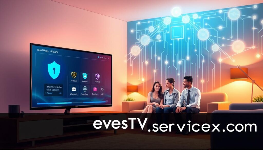 A vibrant digital illustration depicting the privacy and security features of evesTV IPTV. In the foreground, a sleek, modern user interface displayed on a high-definition TV screen, showcasing encrypted streaming visuals and firewall icons symbolizing security. In the middle ground, a cozy living room setup with a family enjoying TV time, dressed in professional business attire, illustrating a safe and secure environment. The background features a stylized digital network with glowing nodes and circuit patterns, depicting the technological backbone of evesTV's security. Use bright, inviting colors with soft lighting to create a warm atmosphere, conveying a sense of reliability and peace of mind. Include the brand name "iptvservicemax.com" subtly integrated into the design elements, without text overlays or watermarks.