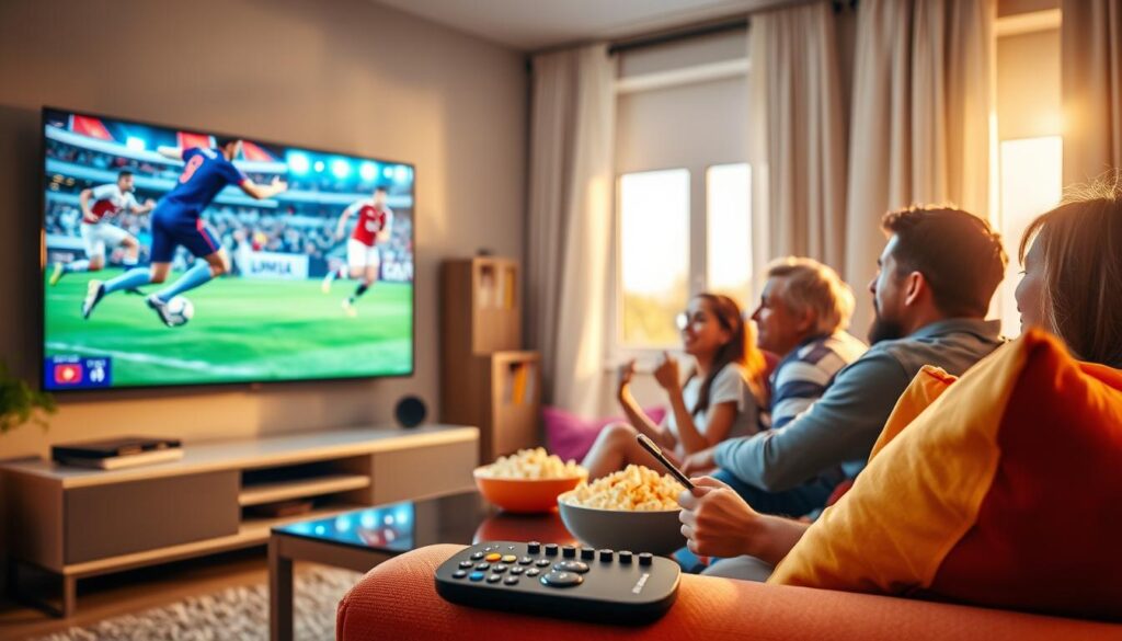 A vibrant living room scene showcasing a family enthusiastically watching a live sports game on a large flat-screen TV, with dynamic sports visuals displayed. In the foreground, a comfortable sofa adorned with colorful cushions and a bowl of popcorn. The middle ground includes a stylish coffee table and a remote control featuring the logo "iptvservicemax.com". In the background, a window with natural light pouring in, enhancing the cheerful atmosphere. The lighting is bright and warm, creating an inviting ambience. Emphasize the intensity of the sports event on the screen, with players in action, reflecting excitement. The mood is lively and engaging, capturing the essence of enjoying pay-per-view events through IPTV providers.