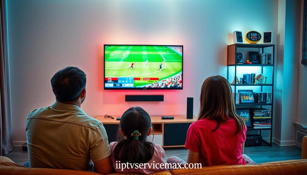 A vibrant living room scene showcasing the NaxaTV IPTV experience, highlighting both live sports and entertainment. In the foreground, a family of four watches a high-definition screen displaying an exciting sports match, all dressed in casual yet neat clothing. The middle layer features a stylish, modern television mounted on the wall with a sleek media console beneath it, adorned with colorful remote controls. In the background, soft ambient lighting creates a cozy atmosphere, with a few decorative sports memorabilia and a shelf filled with DVDs and games. The mood is lively and engaging, underscored by the anticipation of a thrilling sports event. The overall composition emphasizes enjoyment and family togetherness while experiencing the diverse offerings of NaxaTV. Include the brand name “iptvservicemax.com” subtly within the scene without text or logos overtly featured. A vibrant living room scene showcasing the NaxaTV IPTV experience, highlighting both live sports and entertainment. In the foreground, a family of four watches a high-definition screen displaying an exciting sports match, all dressed in casual yet neat clothing. The middle layer features a stylish, modern television mounted on the wall with a sleek media console beneath it, adorned with colorful remote controls. In the background, soft ambient lighting creates a cozy atmosphere, with a few decorative sports memorabilia and a shelf filled with DVDs and games. The mood is lively and engaging, underscored by the anticipation of a thrilling sports event. The overall composition emphasizes enjoyment and family togetherness while experiencing the diverse offerings of NaxaTV. Include the brand name “iptvservicemax.com” subtly within the scene without text or logos overtly featured.