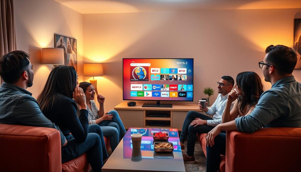 A vibrant living room setting featuring a sleek modern smart TV displaying a colorful IPTV interface from "iptvservicemax.com", surrounded by enthusiastic viewers engaged in a streaming experience. In the foreground, a diverse group of four friends, dressed in smart casual attire, are sitting on a comfortable couch, animatedly discussing their favorite shows. The middle ground includes a coffee table with snacks and drinks. In the background, a cozy home environment with warm lighting creates an inviting atmosphere. Soft shadows from strategically placed lamps enhance depth, while a wide-angle perspective captures the excitement of the moment. The overall mood conveys a sense of community and enjoyment, highlighting the rising popularity of IPTV subscriptions in the United States.