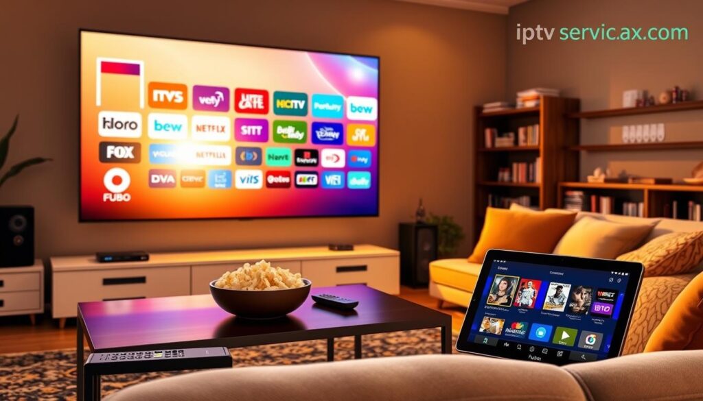 A vibrant, modern living room featuring a large flat-screen television showcasing a colorful display of various TV channel icons indicating the extensive channel library of fubo iptv. In the foreground, a stylish coffee table with a bowl of popcorn, a remote control, and a tablet displaying the user interface of fubo iptv. The middle ground features a comfortable sofa with cushions and a picturesque view through a large window, letting in warm, natural light that creates a cozy atmosphere. The background includes shelves with DVDs and books, emphasizing entertainment. The mood is engaging and inviting, illustrating the joy of streaming a diverse range of channels. The scene captures the essence of reliable live TV streaming. Include brand name "iptvservicemax.com". A vibrant, modern living room featuring a large flat-screen television showcasing a colorful display of various TV channel icons indicating the extensive channel library of fubo iptv. In the foreground, a stylish coffee table with a bowl of popcorn, a remote control, and a tablet displaying the user interface of fubo iptv. The middle ground features a comfortable sofa with cushions and a picturesque view through a large window, letting in warm, natural light that creates a cozy atmosphere. The background includes shelves with DVDs and books, emphasizing entertainment. The mood is engaging and inviting, illustrating the joy of streaming a diverse range of channels. The scene captures the essence of reliable live TV streaming. Include brand name "iptvservicemax.com".