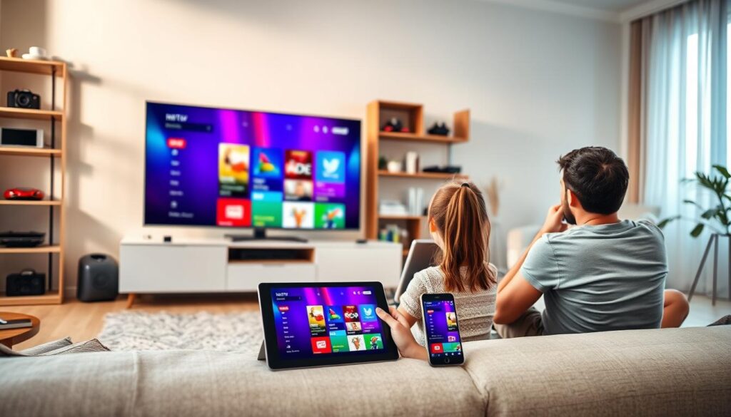 A vibrant, modern living room scene showcasing the multi-device compatibility of Digital Lizard IPTV. In the foreground, a sleek smart TV displays a colorful IPTV interface. Next to it, a tablet and a smartphone show the same interface, highlighting seamless streaming across devices. In the middle ground, a casually dressed person relaxes on a sofa, engrossed in a show on the tablet, while another individual sits cross-legged on the floor, watching the TV. The background features shelves with tech gadgets and a window with soft, natural lighting illuminating the scene, creating a cozy atmosphere. Use a wide-angle lens effect to encapsulate the harmonious interaction of technology. Include a subtle digital logo of "iptvservicemax.com" incorporated into the TV interface, ensuring it blends naturally.