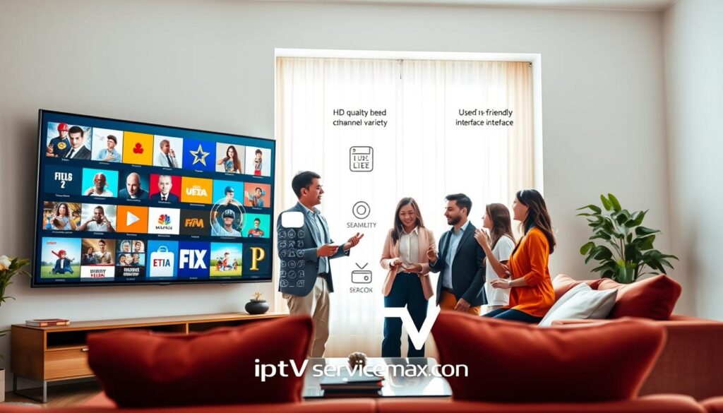 A vibrant, modern living room setting as the foreground, showcasing a large, sleek TV displaying a variety of colorful streaming channels. In the middle, a diverse group of three professionals, dressed in smart casual attire, are engaged in a lively discussion about the benefits of Gold IPTV Streaming Services. They are surrounded by interactive digital elements like icons depicting HD quality, extensive channel variety, and user-friendly interface. The background features a bright window, with soft natural light illuminating the room, creating a warm and inviting atmosphere. The overall mood is one of excitement and connectivity, emphasizing the convenience and enjoyment of home entertainment. Include elements that highlight the brand "iptvservicemax.com", subtly integrated into the scene without being intrusive.