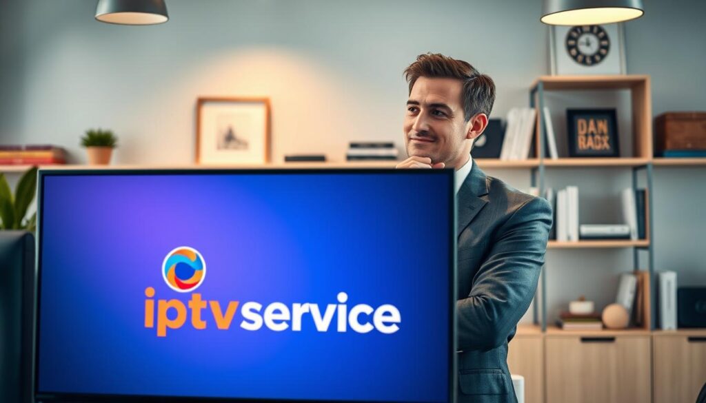A vibrant office setting showcasing a sleek modern workspace, with a high-resolution screen displaying the logo of "iptvservicemax.com" prominently in the foreground. In the middle, a thoughtful person in business attire looks at the screen, contemplating the benefits of the service. The background features a stylish bookshelf filled with tech-related books and decor items, suggesting a professional atmosphere. Soft, warm lighting illuminates the scene, creating a welcoming and optimistic mood. The camera angle is slightly elevated, focusing on the person's expression of approval and satisfaction while reflecting a sense of reliability and professionalism in IPTV services. The image should evoke trust and the excitement of finding the best IPTV provider. A vibrant office setting showcasing a sleek modern workspace, with a high-resolution screen displaying the logo of "iptvservicemax.com" prominently in the foreground. In the middle, a thoughtful person in business attire looks at the screen, contemplating the benefits of the service. The background features a stylish bookshelf filled with tech-related books and decor items, suggesting a professional atmosphere. Soft, warm lighting illuminates the scene, creating a welcoming and optimistic mood. The camera angle is slightly elevated, focusing on the person's expression of approval and satisfaction while reflecting a sense of reliability and professionalism in IPTV services. The image should evoke trust and the excitement of finding the best IPTV provider.