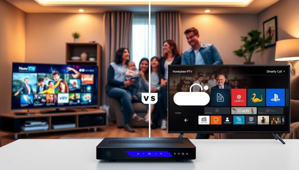 A visual comparison of Honeybee IPTV, traditional cable, and other IPTV services. In the foreground, display a modern living room scene with a sleek smart TV showcasing vibrant streaming content, contrasting with a cluttered traditional cable box. In the middle, illustrate a side-by-side comparison of user interfaces on the TV screen, with engaging icons and menus symbolizing Honeybee IPTV's modern features versus traditional cable's static layout. In the background, feature a cozy family setting where people are comfortably enjoying entertainment, dressed in professional casual clothing. The lighting is warm and inviting, with a slight focus on the TV screen to highlight its clarity and features. The atmosphere is relaxed and informative, emphasizing a visual clarity and connection to the theme of digital entertainment choices. Incorporate elements suggesting iptvservicemax.com into the setting subtly. A visual comparison of Honeybee IPTV, traditional cable, and other IPTV services. In the foreground, display a modern living room scene with a sleek smart TV showcasing vibrant streaming content, contrasting with a cluttered traditional cable box. In the middle, illustrate a side-by-side comparison of user interfaces on the TV screen, with engaging icons and menus symbolizing Honeybee IPTV's modern features versus traditional cable's static layout. In the background, feature a cozy family setting where people are comfortably enjoying entertainment, dressed in professional casual clothing. The lighting is warm and inviting, with a slight focus on the TV screen to highlight its clarity and features. The atmosphere is relaxed and informative, emphasizing a visual clarity and connection to the theme of digital entertainment choices. Incorporate elements suggesting iptvservicemax.com into the setting subtly.