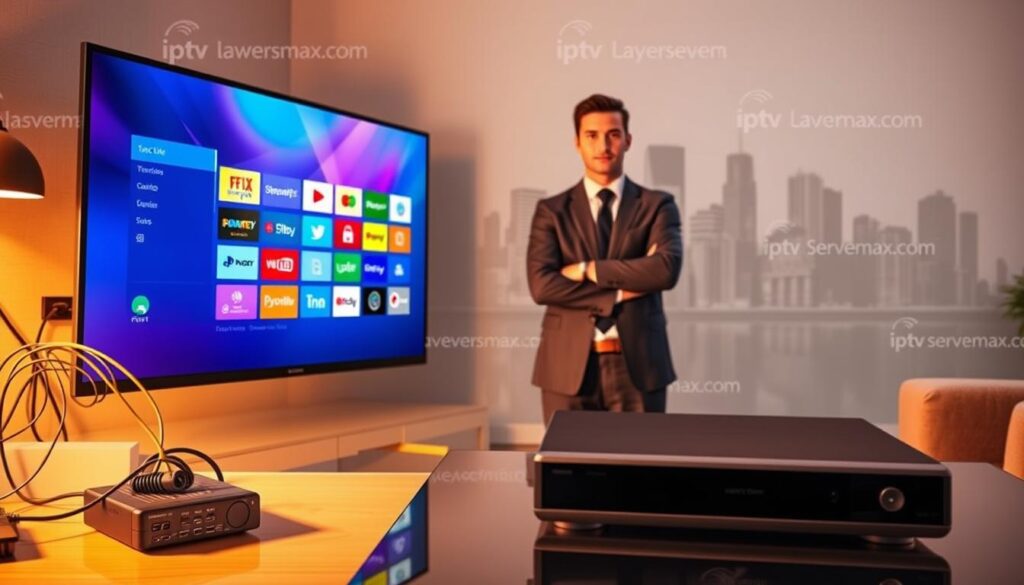 A visual comparison of Layerseven IPTV with traditional cable and other IPTV services. In the foreground, a sleek, modern TV displays Layerseven IPTV's interface, showcasing a vibrant, user-friendly menu. To the left, a traditional cable box is plugged in, with cluttered wires and an outdated remote, evoking a sense of frustration. In the middle, a person dressed in professional business attire watches the TV, looking impressed and engaged. In the background, subtle representations of various IPTV logos, including the brand name "iptvservicemax.com," are blended into a cityscape, symbolizing modern streaming services. The lighting is warm and inviting, creating a cozy living room atmosphere, with soft reflections on the TV screen. The overall mood is positive and informative, illustrating a clear preference for Layerseven IPTV over older technologies.