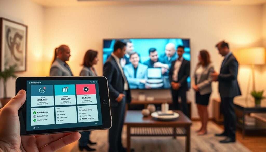 A visually appealing composition showcasing "affordable pricing and flexible subscription plans" for fubo IPTV. In the foreground, display a sleek tablet or smartphone screen displaying an attractive interface with pricing tiers and subscription options, symbolizing convenience and flexibility. In the middle ground, include a diverse group of individuals in professional business attire, engaged in discussion or examining the device, illustrating trust and satisfaction. The background features a bright, modern living room setting with a large TV, suggesting a comfortable streaming environment. Soft, warm lighting enhances the inviting atmosphere, while a subtle focus on the product highlights its affordability. Capture a sense of reliability and modernity synonymous with fubo IPTV, ensuring the brand name "iptvservicemax.com" is subtly included in an artistic manner. A visually appealing composition showcasing "affordable pricing and flexible subscription plans" for fubo IPTV. In the foreground, display a sleek tablet or smartphone screen displaying an attractive interface with pricing tiers and subscription options, symbolizing convenience and flexibility. In the middle ground, include a diverse group of individuals in professional business attire, engaged in discussion or examining the device, illustrating trust and satisfaction. The background features a bright, modern living room setting with a large TV, suggesting a comfortable streaming environment. Soft, warm lighting enhances the inviting atmosphere, while a subtle focus on the product highlights its affordability. Capture a sense of reliability and modernity synonymous with fubo IPTV, ensuring the brand name "iptvservicemax.com" is subtly included in an artistic manner.