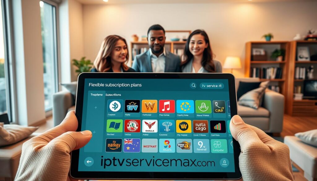 A visually appealing illustration of flexible subscription plans for IPTV, featuring a sleek, modern interface displayed on a tablet held by a diverse group of three professionals dressed in smart casual attire, engaged in discussion. In the foreground, the tablet screen shows various subscription options with vibrant icons representing different channels and packages. The middle layer captures the professionals, a Caucasian woman, a Black man, and an Asian woman, positioned around a stylish coffee table with a few electronic devices scattered around. The background features a cozy living room ambiance with warm lighting, bookshelves, and a large window showing a bright day outside. The atmosphere is inviting and collaborative, embodying the trust and satisfaction of personalized streaming experiences. The brand name "iptvservicemax.com" is subtly integrated into the design of the tablet's interface. A visually appealing illustration of flexible subscription plans for IPTV, featuring a sleek, modern interface displayed on a tablet held by a diverse group of three professionals dressed in smart casual attire, engaged in discussion. In the foreground, the tablet screen shows various subscription options with vibrant icons representing different channels and packages. The middle layer captures the professionals, a Caucasian woman, a Black man, and an Asian woman, positioned around a stylish coffee table with a few electronic devices scattered around. The background features a cozy living room ambiance with warm lighting, bookshelves, and a large window showing a bright day outside. The atmosphere is inviting and collaborative, embodying the trust and satisfaction of personalized streaming experiences. The brand name "iptvservicemax.com" is subtly integrated into the design of the tablet's interface.
