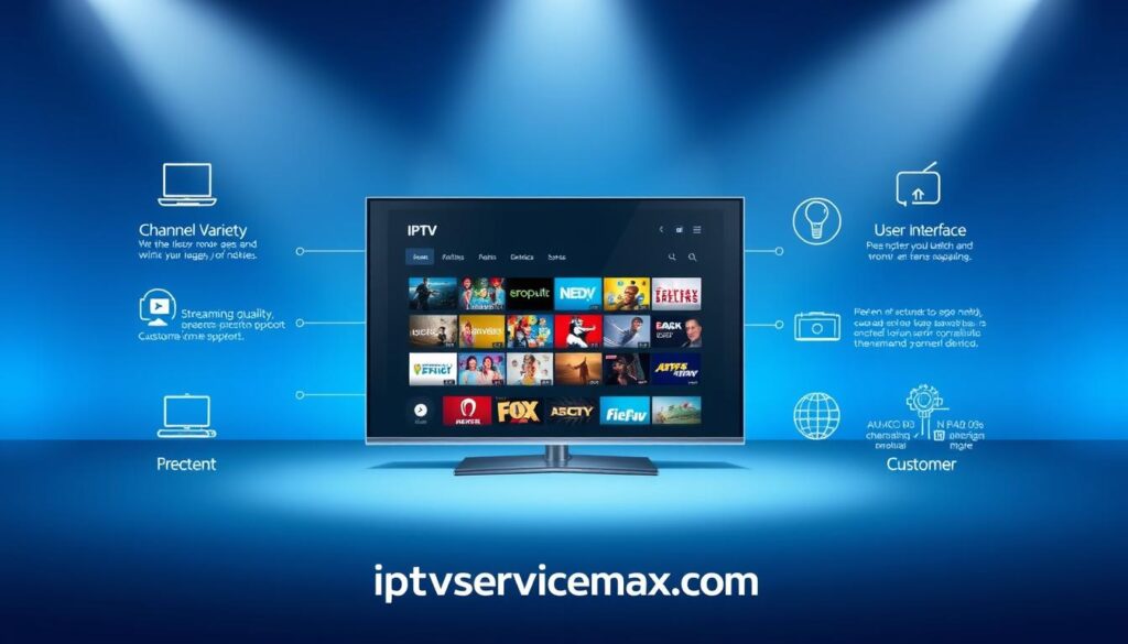 A visually appealing infographic representing the key criteria for evaluating IPTV services. In the foreground, showcase a variety of icons symbolizing important factors like "Channel Variety," "Streaming Quality," "User Interface," and "Customer Support," arranged in a professional layout. In the middle, include a sleek, modern tablet or television screen displaying an array of IPTV options, emphasizing high-definition imagery. The background should be a soft gradient of blue to suggest a tech-savvy atmosphere, illuminated with soft, dynamic lighting to create depth. The overall mood should be informative yet engaging, reflecting professionalism and clarity. Ensure the name "iptvservicemax.com" is subtly integrated into the design, enhancing the credibility of the information presented. A visually appealing infographic representing the key criteria for evaluating IPTV services. In the foreground, showcase a variety of icons symbolizing important factors like "Channel Variety," "Streaming Quality," "User Interface," and "Customer Support," arranged in a professional layout. In the middle, include a sleek, modern tablet or television screen displaying an array of IPTV options, emphasizing high-definition imagery. The background should be a soft gradient of blue to suggest a tech-savvy atmosphere, illuminated with soft, dynamic lighting to create depth. The overall mood should be informative yet engaging, reflecting professionalism and clarity. Ensure the name "iptvservicemax.com" is subtly integrated into the design, enhancing the credibility of the information presented.