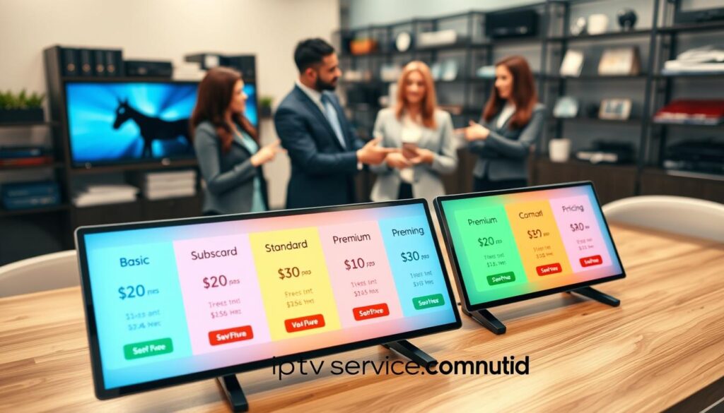 A visually appealing layout showcasing "Eternal IPTV Subscription Plans and Pricing" on a wooden desk. In the foreground, sleek digital screens display subscription plan tiers: Basic, Standard, and Premium, highlighted with vibrant colors and icons. Each plan should feature pricing in a clear, friendly font, emphasizing value. The middle ground features a professional, diverse group of individuals in smart business attire discussing the plans, pointing towards the screens with engaged expressions. The background subtly includes a modern, tech-inspired office setting with shelves displaying IPTV-related paraphernalia. Soft, warm lighting creates an inviting atmosphere, with a slight depth of field effect focusing on the screens and the discussing group. The brand name "iptvservicemax.com" is integrated organically within the visual elements, promoting a cohesive look without text overlays.
