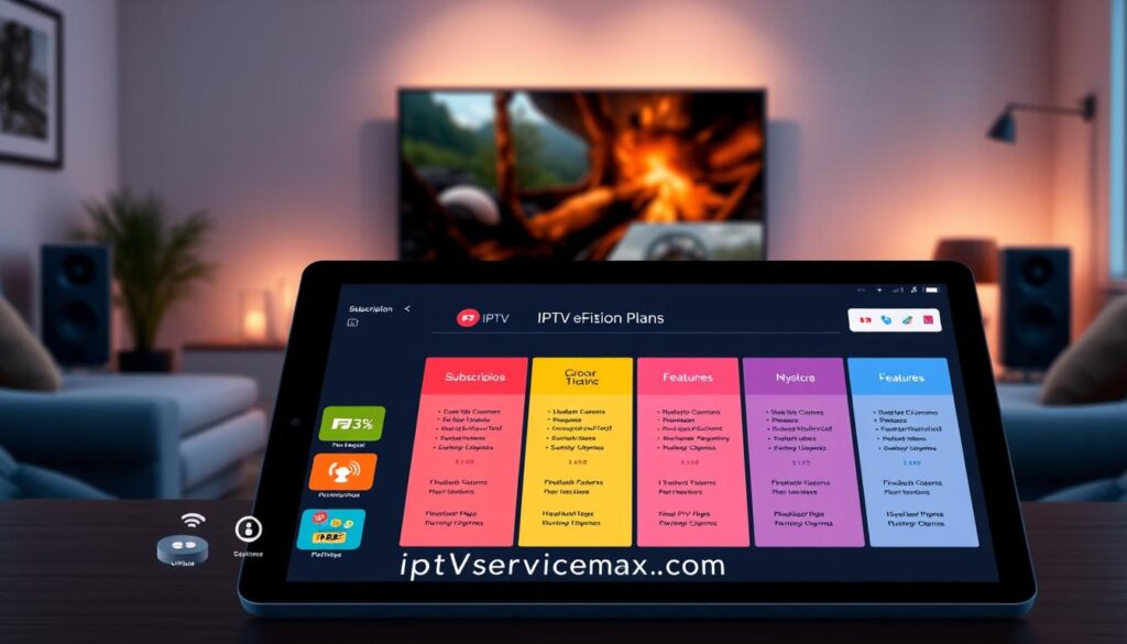 A visually compelling illustration representing "IPTV subscription plans" for an article on enhancing streaming experiences. The foreground features a modern, sleek digital tablet displaying various IPTV plan options, showcasing vibrant icons for channels and features. In the middle, a clean, elegant layout of subscription tiers, each highlighted with distinct color coding and intuitive graphics. The background is a cozy living room setting with a large flat-screen TV, soft ambient lighting casting a warm glow, creating an inviting atmosphere. A subtle touch of technology, like a streaming device on a stylish entertainment center, adds context. Incorporate the brand name "iptvservicemax.com" subtly within the design, ensuring it complements the visual theme rather than distracts. The overall mood is informative and engaging, appealing to tech-savvy individuals.