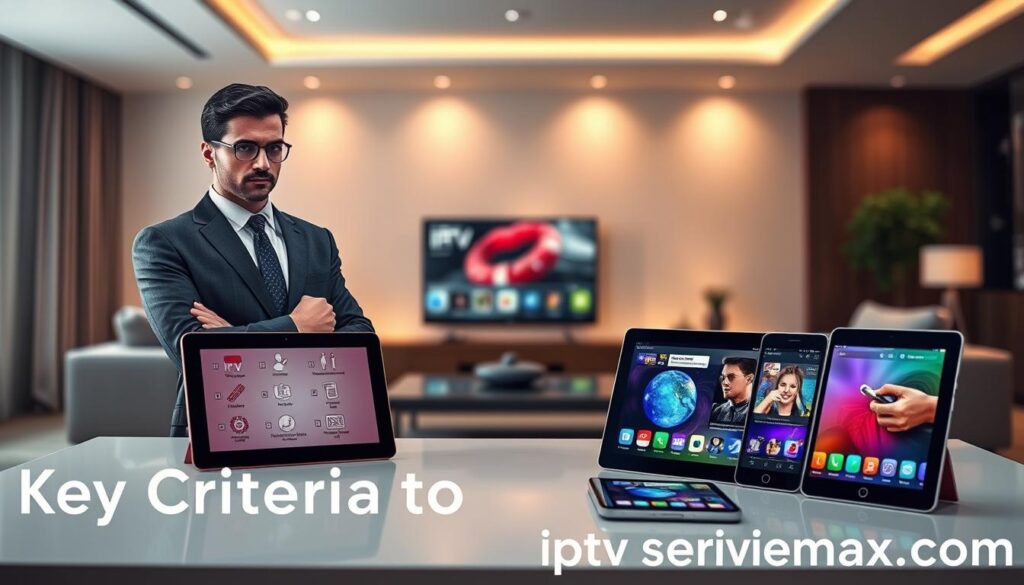 A visually engaging and informative illustration depicting "Key Criteria for Choosing IPTV Services." In the foreground, a focused professional in business attire is thoughtfully reviewing a checklist with icons representing various IPTV features such as channel variety, price, customer support, and streaming quality. In the middle ground, an elegant table displays tablets and smartphones with IPTV interfaces showcasing vibrant visuals. The background features a modern, sleek living room with soft ambient lighting, emphasizing comfort and technology. The overall atmosphere conveys a sense of professionalism and sophistication. The scene is captured with a slight depth-of-field effect, drawing the viewer’s eye to the checklist while providing a warm and inviting ambiance. Include the website name "iptvservicemax.com" subtly integrated into the design, ensuring it blends harmoniously with the scene.