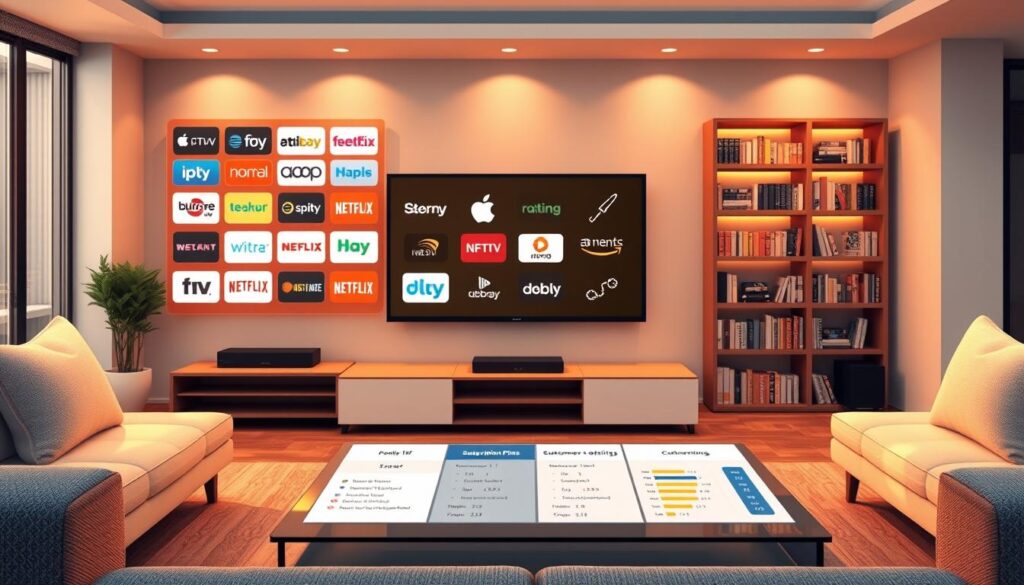 A visually engaging digital illustration depicting various IPTV service options in the United States. In the foreground, feature a sleek, modern living room, showcasing a large flat-screen TV displaying diverse streaming icons for popular IPTV providers, such as "iptvservicemax.com." In the middle, include a stylish coffee table with comparison charts and graphs representing subscription plans, channel offerings, and customer ratings. In the background, softly lit bookshelves filled with entertainment-related titles create a cozy atmosphere. The overall mood should be informative yet inviting, with warm lighting casting gentle shadows. Use a wide-angle lens for a spacious feel, ensuring the elements are well-organized and visually appealing, encapsulating the theme of evaluating IPTV services head-to-head. A visually engaging digital illustration depicting various IPTV service options in the United States. In the foreground, feature a sleek, modern living room, showcasing a large flat-screen TV displaying diverse streaming icons for popular IPTV providers, such as "iptvservicemax.com." In the middle, include a stylish coffee table with comparison charts and graphs representing subscription plans, channel offerings, and customer ratings. In the background, softly lit bookshelves filled with entertainment-related titles create a cozy atmosphere. The overall mood should be informative yet inviting, with warm lighting casting gentle shadows. Use a wide-angle lens for a spacious feel, ensuring the elements are well-organized and visually appealing, encapsulating the theme of evaluating IPTV services head-to-head.