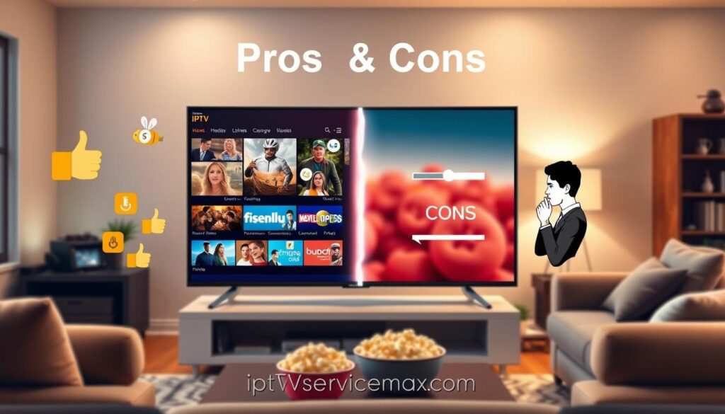 A visually engaging illustration representing the "Pros and Cons of Honeybee IPTV." In the foreground, showcase a sleek, modern television displaying vibrant streaming content, symbolizing the pros. On one side, depict bright, inviting elements such as thumbs up icons, happy viewers, and colorful screenshots of various shows, invoking a positive vibe. In contrast, on the other side, illustrate darker elements like a loading symbol, buffering icons, and a thoughtful viewer pondering, representing the cons. The middle ground includes a cozy living room setting with a stylish sofa, ambient lighting to create a warm atmosphere, and a coffee table with popcorn. The background should fade into soft focus with subtle hints of additional entertainment devices. Use a soft-focus lens effect to create a warm, inviting mood. The image should exude professionalism and clarity, suitable for an informative article. Include the brand name "iptvservicemax.com" subtly in the composition. A visually engaging illustration representing the "Pros and Cons of Honeybee IPTV." In the foreground, showcase a sleek, modern television displaying vibrant streaming content, symbolizing the pros. On one side, depict bright, inviting elements such as thumbs up icons, happy viewers, and colorful screenshots of various shows, invoking a positive vibe. In contrast, on the other side, illustrate darker elements like a loading symbol, buffering icons, and a thoughtful viewer pondering, representing the cons. The middle ground includes a cozy living room setting with a stylish sofa, ambient lighting to create a warm atmosphere, and a coffee table with popcorn. The background should fade into soft focus with subtle hints of additional entertainment devices. Use a soft-focus lens effect to create a warm, inviting mood. The image should exude professionalism and clarity, suitable for an informative article. Include the brand name "iptvservicemax.com" subtly in the composition.