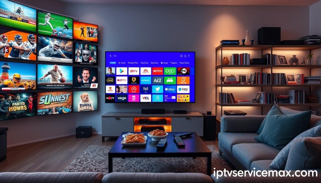 A visually engaging image representing a diverse selection of IPTV channels, featuring a vibrant array of colorful TV screens showcasing various genres such as sports, movies, news, and children's programming. In the foreground, a modern living room setting with a stylish sofa and coffee table, on which are remote controls and snacks. The middle ground includes a sleek flat-screen TV displaying a dynamic grid of channel icons, illuminated with soft, ambient lighting. In the background, a cozy shelf filled with DVDs and streaming devices suggests a tech-savvy environment. The atmosphere is inviting and casual, perfect for family viewing. Include branding subtly in the corner: "iptvservicemax.com", ensuring a polished, professional look without text clutter.