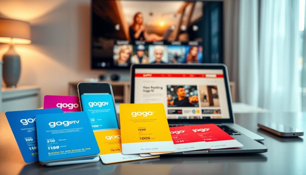 A visually engaging image showcasing various gogo IPTV subscription plans and access codes, laid out neatly on a modern, digital workspace. In the foreground, display sleek subscription cards with vibrant colors representing different plan tiers, alongside a smartphone and tablet displaying the gogo IPTV interface. The middle section features a laptop with a chic, minimalist design, open to a webpage about gogo IPTV, showing a user-friendly layout. In the background, softly blurred, is a cozy living room setting with a large TV screen showcasing popular streaming content, conveying a welcoming and inviting atmosphere. The lighting is bright and inviting, emphasizing the digital devices, creating a mood of excitement and convenience for potential viewers. Include the brand name "iptvservicemax.com" subtly integrated into the design.