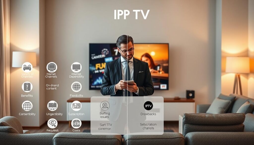A visually engaging infographic depicting the benefits and drawbacks of IPTV services. In the foreground, a well-organized split chart with icons representing benefits like "variety of channels," "on-demand content," and "flexibility" on one side, and drawbacks like "internet dependency," "buffering issues," and "subscription costs" on the opposite side. The middle ground features a professional person in business attire, thoughtfully analyzing the information on a digital tablet. The background is a modern living room setting with a large flat-screen TV displaying IPTV content. Soft, ambient lighting creates an inviting atmosphere. The image reflects a balanced view of IPTV services, emphasizing both pros and cons while ensuring a polished, informative feel. Include the brand name "iptvservicemax.com" subtly integrated into the design without text overlays.