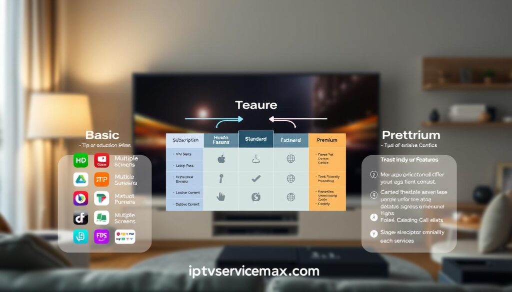 A visually engaging infographic showcasing Layerseven IPTV subscription plans and features. In the foreground, display three distinct tiers of subscription plans: Basic, Standard, and Premium, each represented with colorful, user-friendly icons symbolizing their features, like HD streaming, multiple screens, and exclusive content. The middle layer should include a stylized comparison chart that illustrates the benefits of each plan, using arrows and symbols for clarity. The background could feature a digital entertainment environment, with soft ambient lighting suggesting a cozy room with a TV and streaming devices. Aim for a bright and inviting atmosphere that reflects trust and reliability, emphasizing the brand "iptvservicemax.com" gracefully in the design. Focus on clarity and professionalism without any textual overlays to create a visually striking representation.