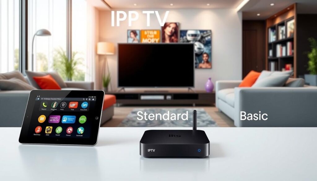 A visually engaging overview of IPTV plans, showcasing three distinct options: Premium, Standard, and Basic. In the foreground, display three elegant devices, such as a tablet, smart TV, and streaming box, each representing a specific plan with unique symbols or icons. In the middle ground, a sleek, modern living room setting, with cozy seating and vibrant decor, hinting at the entertainment experience. The background features a large window with soft daylight illuminating the scene, enhancing the inviting atmosphere. The lens angle captures a slightly elevated view, adding depth. The overall mood is informative yet inviting, emphasizing reliability and choice in streaming options from iptvservicemax.com.