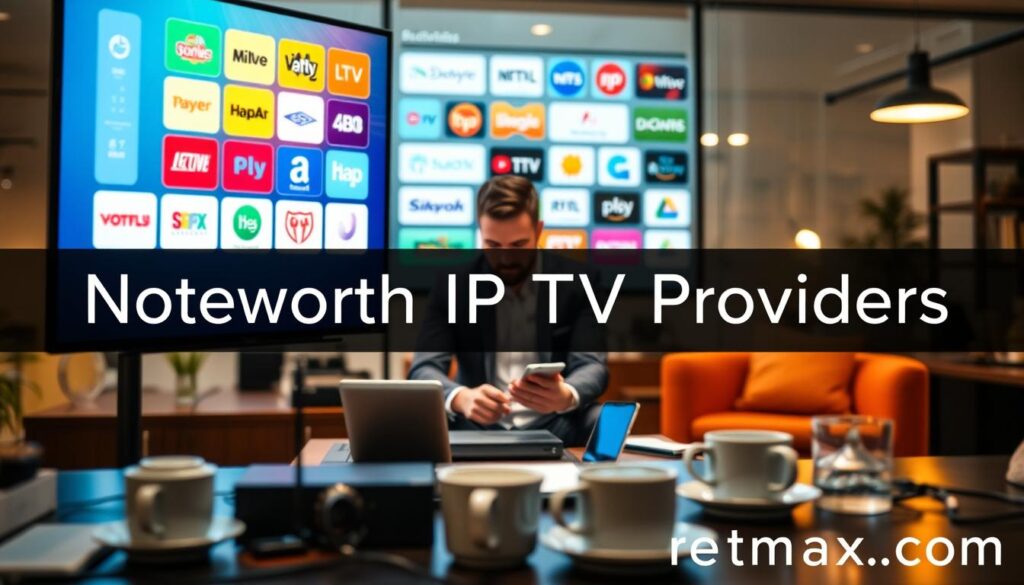 A visually engaging overview of "Noteworthy IPTV Providers," featuring a sleek, modern digital interface on a large screen in the foreground. The screen showcases colorful logos of various IPTV services, artistically arranged to highlight their unique features. In the middle, a creative workspace with a professional analyst in smart casual attire, focused on evaluating the providers, surrounded by tech gadgets like tablets and smartphones. The background reveals a stylish office setting with subtle lighting, creating a warm yet professional atmosphere. Soft-focus on elements like coffee mugs and cables adds depth. Capture a dynamic, informative mood that conveys the excitement of discovering new IPTV options. Include an understated mention of "iptvservicemax.com" in a decorative way, seamlessly integrated into the scene.