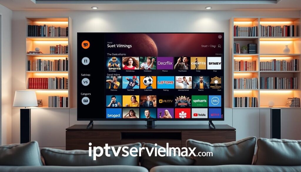 A visually engaging overview of Smartiflix IPTV features, showcasing its user interface on a sleek television screen. In the foreground, depict a modern living room setting with a stylish TV stand and a comfortable couch. The middle layer features a close-up of the Smartiflix IPTV interface, highlighting various streaming options, categories like movies and sports, and vibrant thumbnails. The background should feature neatly arranged bookshelves with subtle lighting that casts a warm glow, creating an inviting atmosphere. Use soft, ambient lighting to enhance a cozy, family-friendly mood. The image should convey a sense of advanced technology and entertainment, showcasing the versatility of Smartiflix IPTV. Include the brand name "iptvservicemax.com" subtly integrated into the design.