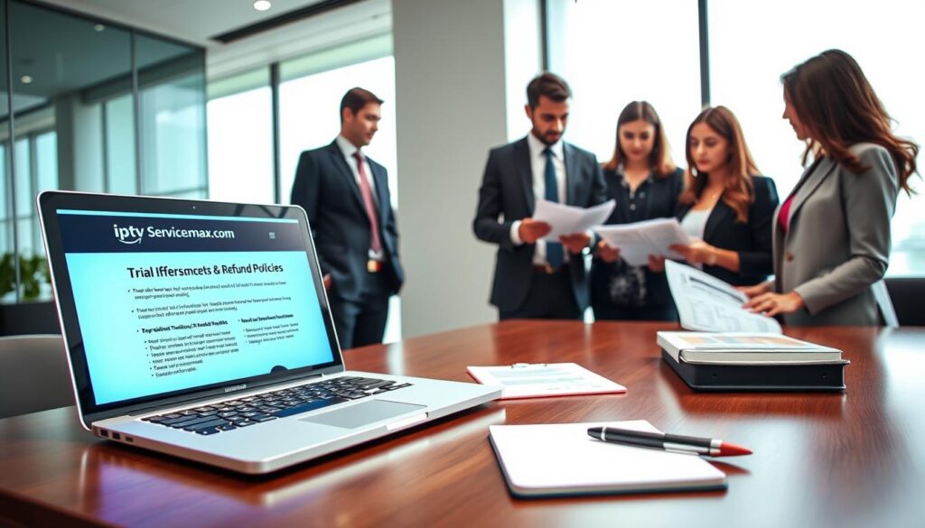 A visually engaging representation of IPTV subscription trials and refund policies, set in a modern office environment. In the foreground, a sleek laptop displays a bright screen showing the website "iptvservicemax.com," highlighting its trial offer and refund policies. To the side, a diverse group of three professionals, dressed in smart business attire, engage in a serious discussion, examining printed documents related to service terms. In the middle ground, an elegant wooden desk is adorned with a notepad and a pen, conveying careful consideration of options. The background features a large window with natural light flooding in, creating a bright and inviting atmosphere. The overall mood should be thoughtful and professional, reflecting the importance of customer protection and informed decisions in IPTV subscriptions.