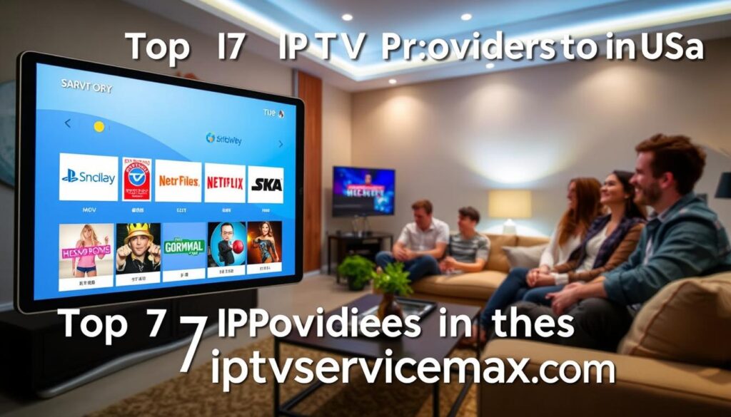 A visually engaging representation of the "Top 7 IPTV Providers in the USA," featuring a sleek and modern digital display showcasing logos of well-known IPTV providers. In the foreground, a stylish tablet or smart TV screen displaying a vibrant, user-friendly interface with thumbnail images of popular shows and movies. The middle ground includes a contemporary living room setting, with a comfortable couch and a decorative coffee table, enhancing the atmosphere of home entertainment. The background features ambient lighting for a cozy yet tech-savvy feel, adding a warm glow to the room. Capture the essence of user satisfaction and enjoyment with families or individuals casually watching content, dressed in smart casual attire. Show the brand name "iptvservicemax.com" discreetly in the design elements, ensuring a professional and polished appearance throughout the scene.