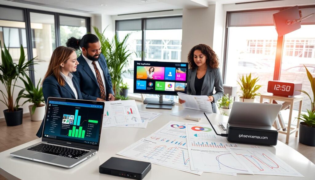 A visually engaging scene depicting a professional evaluation of IPTV service criteria. In the foreground, a diverse group of three individuals, dressed in professional business attire, is gathered around a sleek, modern table covered with evaluation sheets and digital devices. In the middle, clear diagrams and charts illustrate key IPTV criteria such as pricing, channel variety, streaming quality, and user interface. A laptop screen displays colorful graphics related to IPTV options. The background features a bright office setting with large windows letting in natural light, plants for a touch of greenery, and a digital clock emphasizing efficiency. The atmosphere conveys focus and collaboration, with a modern, clean aesthetic. Include a subtle logo of "iptvservicemax.com" on one of the devices for branding.