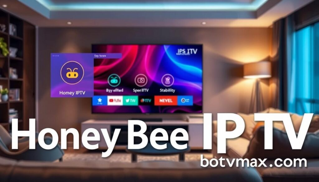 A visually engaging scene depicting the concept of "Honey Bee IPTV streaming quality overview." In the foreground, display a sleek, modern television screen showcasing a vibrant streaming interface, with clear symbols representing high-definition streaming quality and stability. The middle ground should feature a cozy living room environment, with a comfortable couch and a small coffee table, creating a welcoming atmosphere for viewers. In the background, soft ambient lighting from stylish lamps casts a warm glow, emphasizing the relaxed mood of streaming at home. Use a slight depth of field to focus on the TV while softly blurring the background to enhance clarity. Capture an inviting ambiance that reflects the quality and reliability of Honey Bee IPTV, showcasing its superiority in streaming. The brand name "iptvservicemax.com" subtly integrated within the image's design elements.