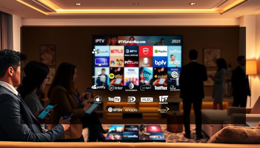 A visually rich overview of IPTV providers in the United States for 2026. In the foreground, showcase a diverse group of professional individuals in business attire, engaging with digital devices displaying streaming content. The middle layer features stylized icons and logos of popular IPTV brands like "iptvservicemax.com", arranged in an organized, visually appealing manner. The background should depict a modern living room setup with a large screen showcasing vibrant IPTV interfaces. Use soft, warm lighting to create an inviting atmosphere, captured from a slightly elevated angle to emphasize the details. The overall mood is informative and engaging, reflecting a state-of-the-art technological landscape in entertainment.
