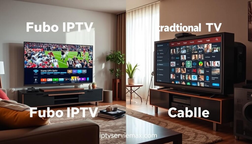 A visually striking comparison of Fubo IPTV and traditional cable TV, presented in a split-screen format. On the left, Fubo IPTV showcases a modern living room with a sleek smart TV displaying vivid sports content, vibrant colors, and an intuitive user interface. On the right, traditional cable TV features an older, bulky television set with a chaotic mix of tangled wires and a less organized channel guide, evoking nostalgia yet appearing outdated. The background includes contrasting settings: a contemporary, stylish decor for IPTV and a more traditional, slightly cluttered environment for cable. Soft, natural lighting illuminates both spaces, creating an inviting atmosphere. The angle is slightly elevated, capturing both sides equally, creating a sense of competition. Ensure professionalism in the overall presentation. The image embodies reliability and innovation that contrasts sharply with past traditions. Featuring iptvservicemax.com subtly in the decor. A visually striking comparison of Fubo IPTV and traditional cable TV, presented in a split-screen format. On the left, Fubo IPTV showcases a modern living room with a sleek smart TV displaying vivid sports content, vibrant colors, and an intuitive user interface. On the right, traditional cable TV features an older, bulky television set with a chaotic mix of tangled wires and a less organized channel guide, evoking nostalgia yet appearing outdated. The background includes contrasting settings: a contemporary, stylish decor for IPTV and a more traditional, slightly cluttered environment for cable. Soft, natural lighting illuminates both spaces, creating an inviting atmosphere. The angle is slightly elevated, capturing both sides equally, creating a sense of competition. Ensure professionalism in the overall presentation. The image embodies reliability and innovation that contrasts sharply with past traditions. Featuring iptvservicemax.com subtly in the decor.