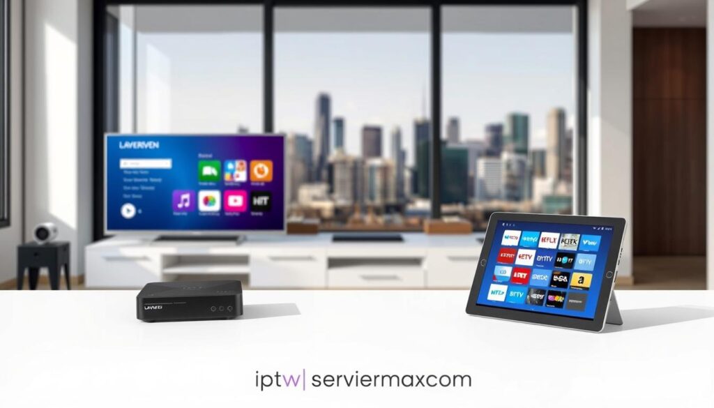 A visually striking comparison of Layereven IPTV, traditional cable, and other IPTV services. In the foreground, show a modern living room setup with a sleek smart TV displaying the Layereven IPTV interface, surrounded by high-tech devices. In the middle, include a traditional cable box and a tablet showing different IPTV services, such as logos or thumbnails. The background features a subtle, blurred view of a city skyline, signifying a modern lifestyle. Use bright, natural lighting to create an inviting atmosphere, and shoot from a slightly elevated angle for depth. Emphasize a professional and informative mood, ensuring all elements are depicted in a clean and polished manner, without any text or watermarks. Include the brand name "iptvservicemax.com" subtly integrated into the design.