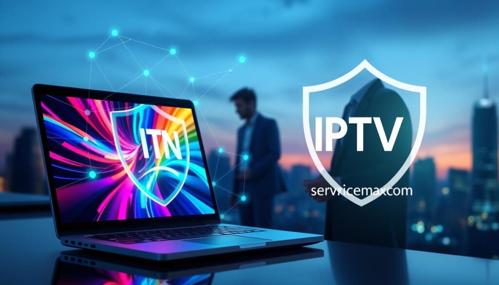 A visually striking digital composition illustrating the concept of a VPN for IPTV streaming. In the foreground, a sleek modern laptop displaying vibrant IPTV content, with vivid colors and dynamic visuals on the screen. Surrounding the laptop, a secure digital shield symbolizing protection, interconnected with lines of flowing data. In the middle ground, a silhouette of a person in professional attire, focused and engaged with the laptop, emphasizing the importance of secure streaming. The background features a subtle city skyline at dusk, representing urban connectivity. Soft blue and green lighting creates a tech-savvy atmosphere, while the brand name "iptvservicemax.com" is creatively integrated into the digital shield design, enhancing the focus on secure IPTV access.