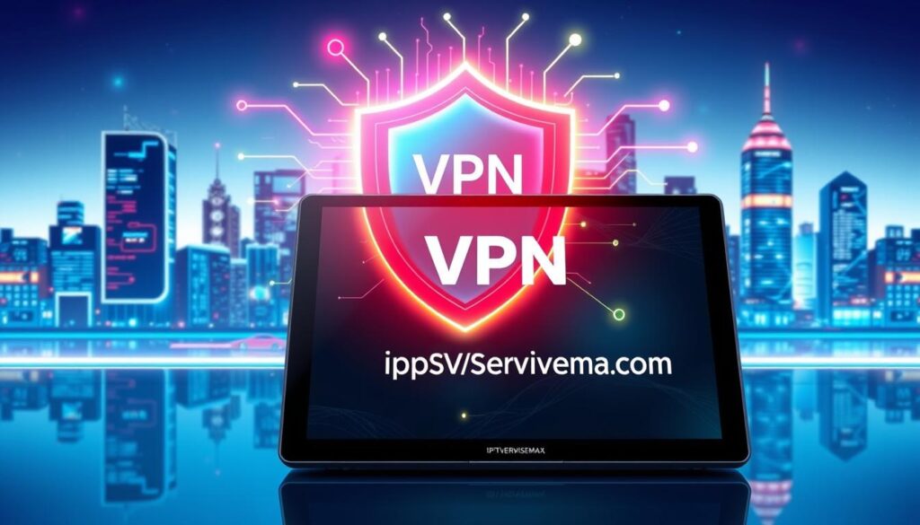 A visually striking illustration representing "VPN for IPTV Streaming." In the foreground, a sleek, modern digital device displaying a streaming service interface, prominently featuring the brand "iptvservicemax.com." The middle ground features an abstract, glowing shield symbolizing security and protection, with colorful data streams flowing around it to represent fast, seamless access. In the background, a stylized city skyline with digital elements, conveying the world of connectivity and technology. Bright, dynamic lighting enhances the tech atmosphere, with a focus on cool blues and greens to evoke a sense of innovation and reliability. The image should be professional and inviting, embodying the essence of fast and secure IPTV streaming services.